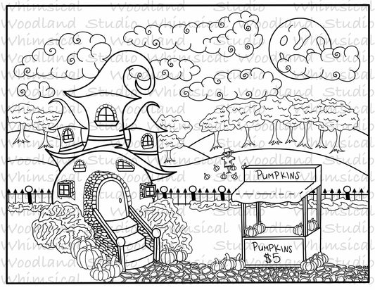 The Pumpkin Stand Cottage Digital Coloring Page