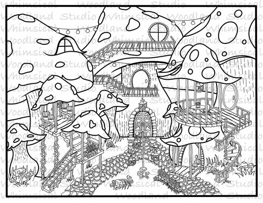 Mushroom City Digital Coloring Page